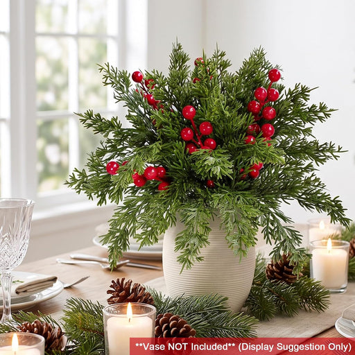 30Pcs Christmas Artificial Pine Branches with Red Berry Stems