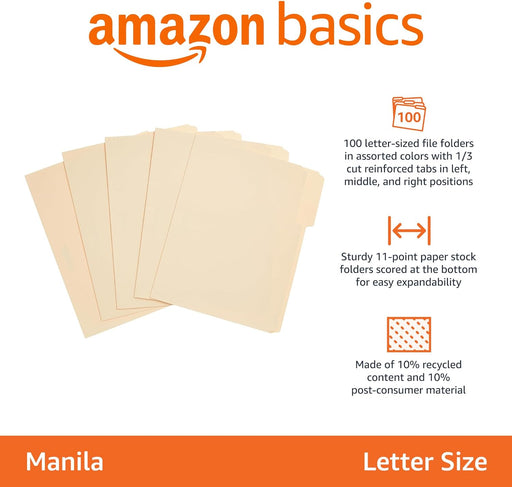 Sturdy File Folders with Reinforced Tabs for Filing and Organization, 1/3-Cut Tab, Assorted Positions, Letter Size, 8.5x11 inches, Manila, 100-Pack