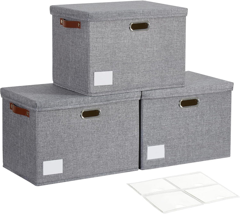 17" Large Fabric Storage Box with Lids, 3-Pack, Gray