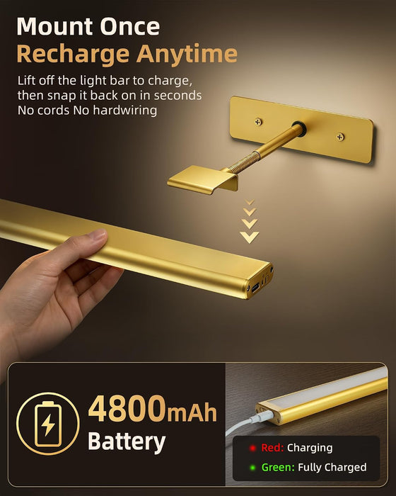 Picture Light for Wall, 4800mAh Rechargeable Wireless Remote, 16‘’ Dimmable Magnetic LED Art Display Light with 3 Color Temperatures, for Gallery, Living Room, Bedroom, Hallway (Gold)