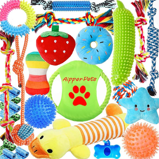 Dog Toys 25 Pack for Fun and Teeth Cleaning, Puppy Chew Toys Pack with Squeak Plush Toy,Squeaky Toy Balls,Tug of War and