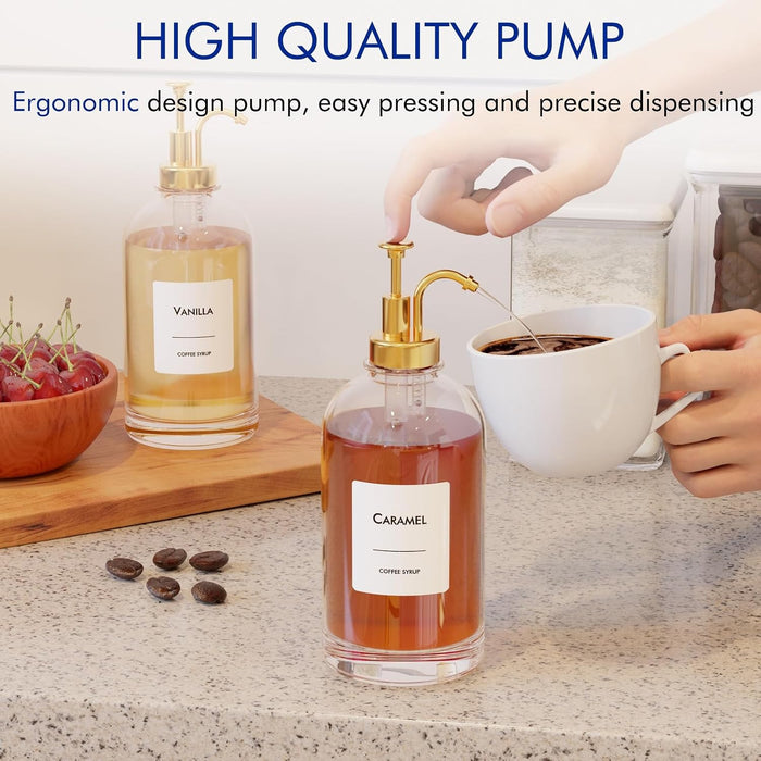 16.9 oz (500 ml) Coffee Syrup Dispenser Set- 4 Glass Bottles with Gold Pumper and Syrup Labels - Precise Dispensing and 
