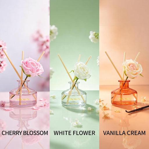 Reed Diffuser Set 3 Pack Cherry Blossoms White Flower Vanilla Scented Air Freshener, Reed Diffusers for Home 2.71oz Each