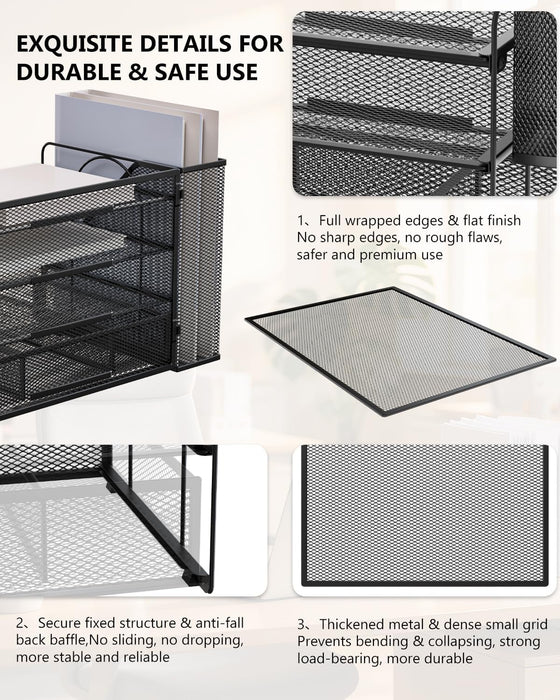 Desk File Organizer, 4 Tier Desktop Paper Letter Tray Organizer with Drawer and 2 Pen Holders, Office Desk Accessories &