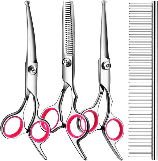 Dog Grooming Kit, Professional Stainless Steel Dog Grooming Scissors with Curved Shears, Pink Finger Rings - 4 Piece Sha