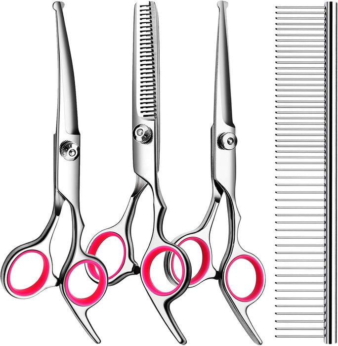 Dog Grooming Kit, Professional Stainless Steel Dog Grooming Scissors with Curved Shears, Pink Finger Rings - 4 Piece Sha