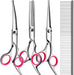 Dog Grooming Kit, Professional Stainless Steel Dog Grooming Scissors with Curved Shears, Pink Finger Rings - 4 Piece Sha
