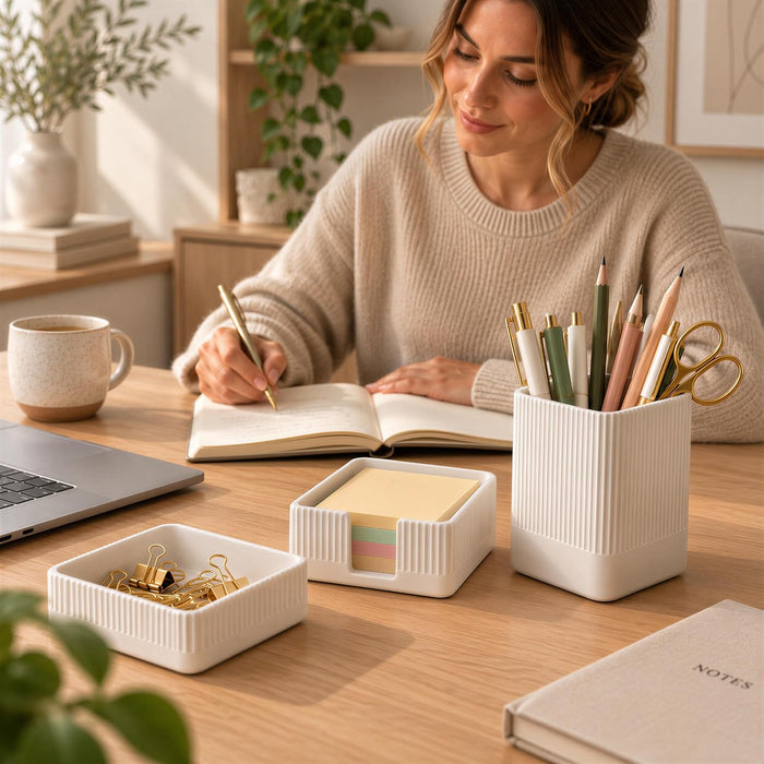 Aesthetic Desk Organizer Set of 3 - Sturdy Concrete Office Accessories