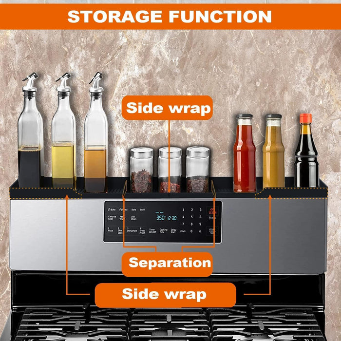 Stove Top Shelf 30 Inch - Silicone Material Magnetic Shelf for Stove - 3 Functional Partitions Kitchen Spice Rack Organizer-Black,Kitchen Gadgets Storage Organization