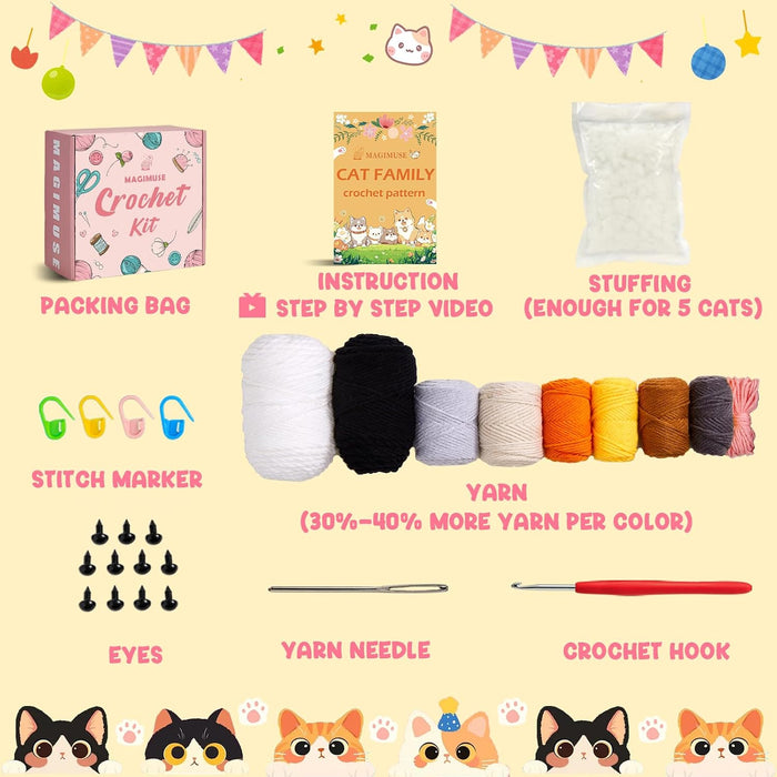 Crochet Kit for Beginners, 5 Cat Crochet Amigurumi Craft Kit
