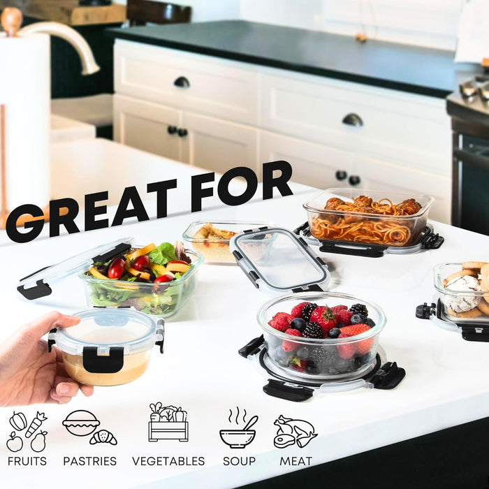 30 PC Glass Food Storage Containers with Lids - Reusable Glass Meal Prep Containers for Lunch and Leftovers - Airtight & Leakproof Snap Locking Lids - Oven, Freezer, Microwave, Dishwasher Safe