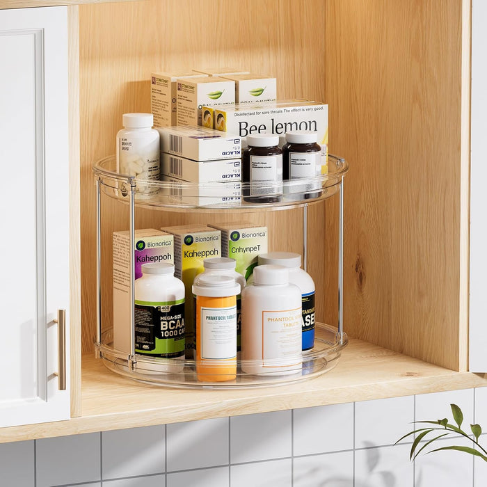2 Tier Lazy Susan Turntable Organizer 9.25'' Rotating Spice Rack Organization for Cabinet, Kitchen, Pantry, Countertop, Bathroom, Vanity, Medicine Cabinet Organizer, Clear