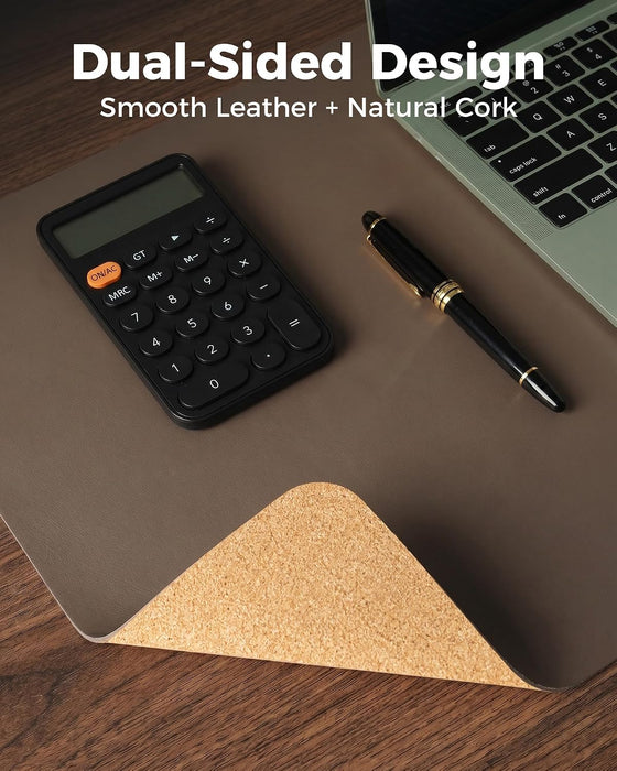 Dual-Sided Desk Mat - Leather & Cork Desk Protector, Large Mouse Pad & Writing Pad for Office/Home, Coffee (25.6"x13.7")