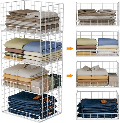 4-Tier Stackable Closet Organizers and Storage Basket, Foldable Closet Shelf Organizer System, Space-Saving Clothes Stor