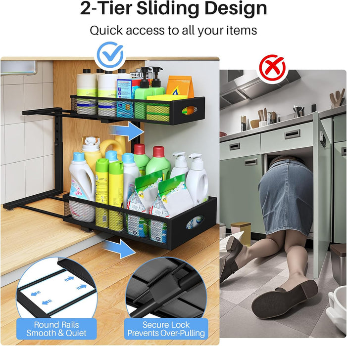 Under Sink Organizer, 2 Pack 2 Tier Pull Out Under Cabinet Organizer Shelf with Pad for Framed Cabinets, Metal Slide Out
