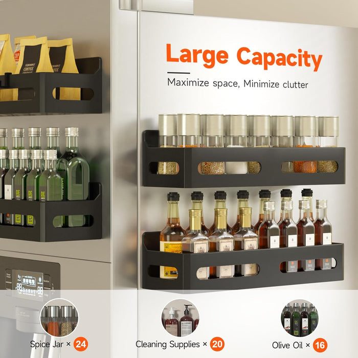 4-Pack Magnetic Spice Rack for Refrigerator with Hooks, Black