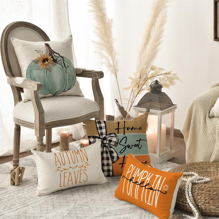 Fall Pumpkin Home Sweet Home Throw Pillow Covers, 18 x 18 Inch Autumn Thankful Grateful Blessed Harvest Floral Decoratio