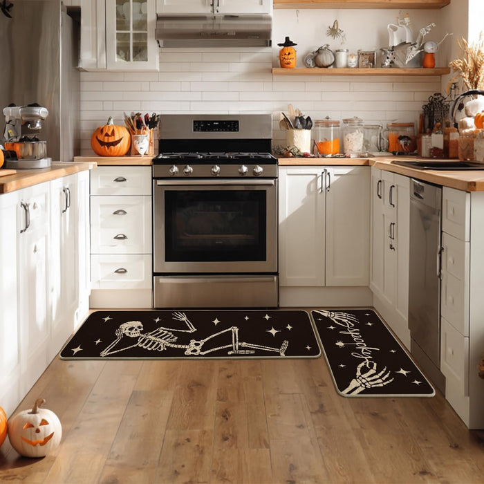 Spooky Skeleton Spider Bone Black Halloween Kitchen Mats Set of 2, Black Home Decor Low-Profile Kitchen Rugs for Floor -
