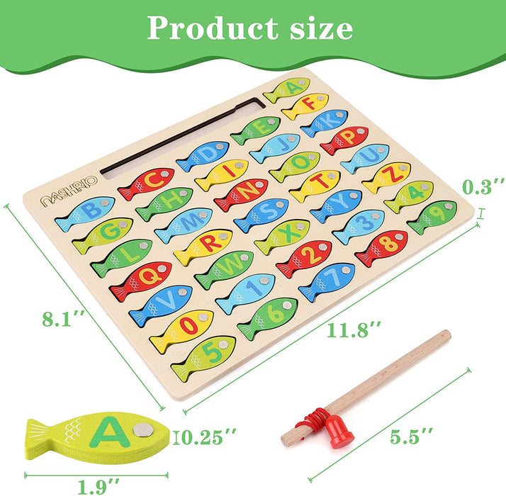 Magnetic Wooden Fishing Game Toy for Preschoolers, Alphabet Fish Catching Counting Games Puzzle with Numbers and Letters