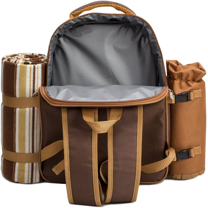 Picnic Backpack, 4-Person with Blanket & Wine, Family & Lovers Gift, Brown