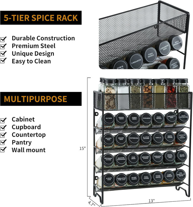 Spice Rack Organizer with 28 Spice Jars, Black Lids, Spice Labels