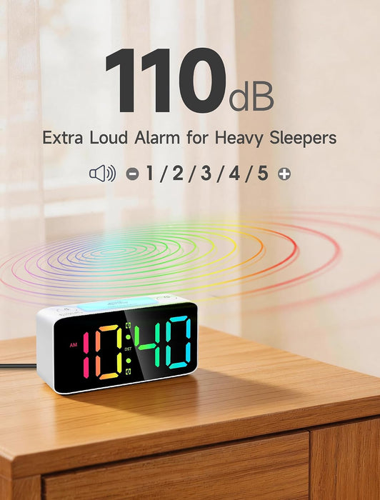 110dB Extra Loud Alarm Clock for Heavy Sleepers Adults, Digital Clock with 7 Color Night Light, RGB Display, Dual USB Charger, Small Clocks for Bedrooms, Kids, Teens (White+RGB)