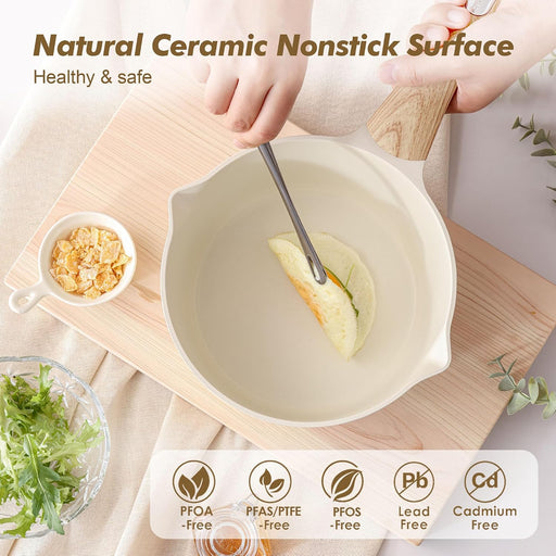 Ceramic Nonstick Sauce Pan with Lid, 1.5 Quart Small Saucepan, White Cooking Pot with Stay Cool Handle, Non toxic Kitchen Sauce Pot, Non stick Sauciers, Induction Pot, PFOA PTFE PFAS Free