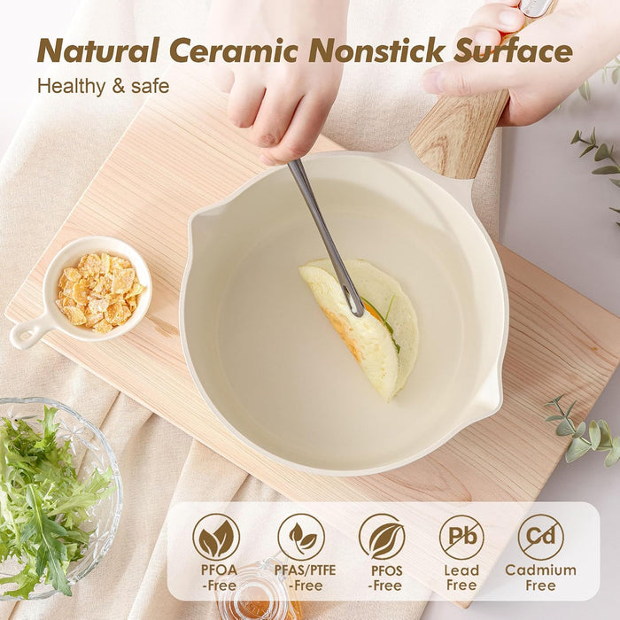 Ceramic Nonstick Sauce Pan with Lid, 1.5 Quart Small Saucepan, White Cooking Pot with Stay Cool Handle, Non toxic Kitchen Sauce Pot, Non stick Sauciers, Induction Pot, PFOA PTFE PFAS Free