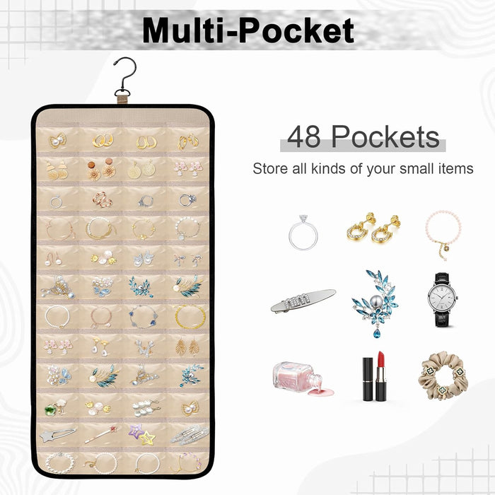 Double-Sided Hanging Jewelry Organizer, Large Black Storage Roll for Earrings, Necklaces, Rings, 48 Pockets 21 Hooks, Durable Oxford Fabric for Closet, Wall, Door, 1 piece, Jewelry Not Included