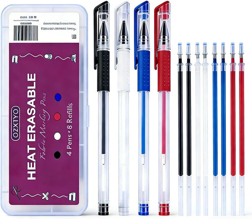 Heat Erasable Fabric Marking Pens 4 Pens + 8 Refills, No Ghost Lines,Disappearing Ink Precision Fabric Markers for Sewing Quilting Embroidery Dressmaking