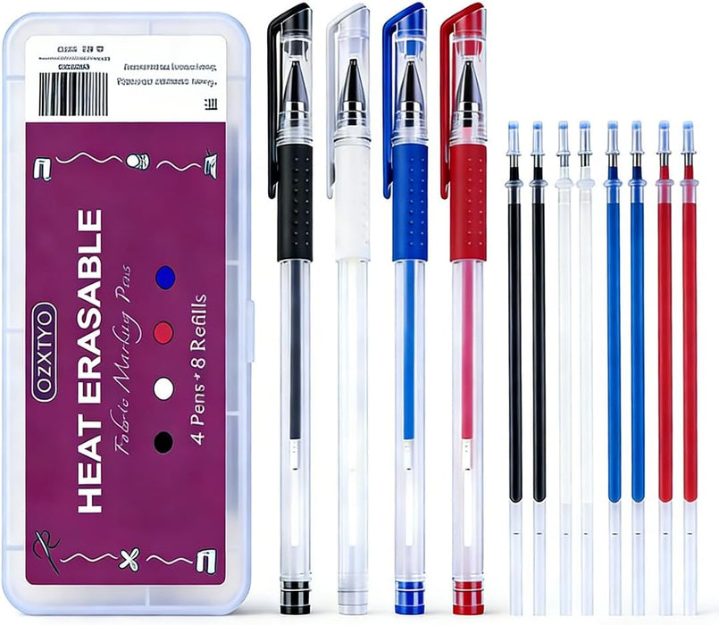 Heat Erasable Fabric Marking Pens 4 Pens + 8 Refills, No Ghost Lines,Disappearing Ink Precision Fabric Markers for Sewing Quilting Embroidery Dressmaking