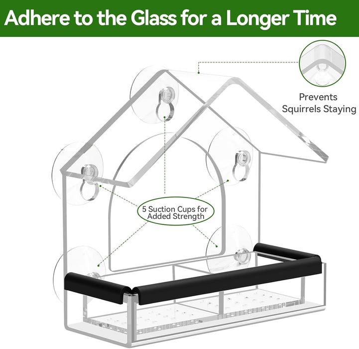 Clear Window Bird Feeder with 5 Extra Strong Suction Cups,  Sturdy and Durable Acrylic Birdfeeders for Viewing Wild Birds Outside, as a Bird Watching Gift, Outdoor Birdhouse Box, Garden Decor