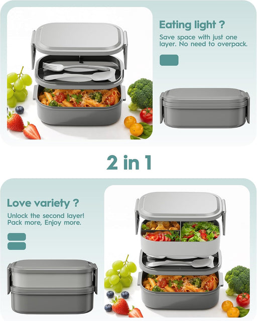 Bento Box Adult Lunch Box, 65 Oz Capacity Lunch Containers(Adjustable 2/3 Tier), BPA-Free, Leak-Proof and Stackable Bent