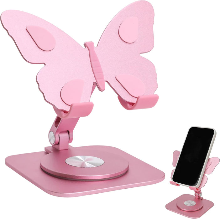Butterfly Holder Fit for iPhone 17 16 15 14 13 12 11 Tablet iPad – Aluminum Alloy Folding Phone Kickstand with 360 Rotation, Desktop Home Stand Pink Stable Grip for All Smartphones Mobile Cell Phone