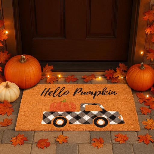 Fall Pumpkin Door Mat, 30"x17" Hello Coir Welcome Doormat with Anti-Slip PVC Backing, Indoor Outdoor Autumn Mats for Fro