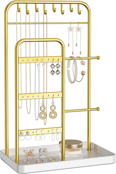 Jewelry Holder Stand: Jewelry Display for Necklace, Bracelet, Earring, Ring, White & Gold