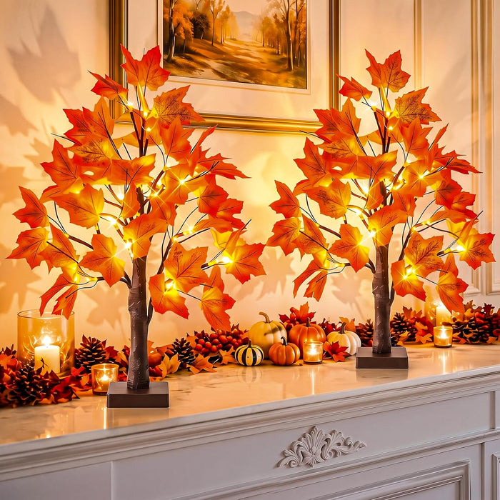 Fall Decor, 2 Pack 24 Inch Fall Trees Lighted Maple with 48 LED Warm Light 96 Pcs Maple Leaves, Autumn Thanksgiving Deco