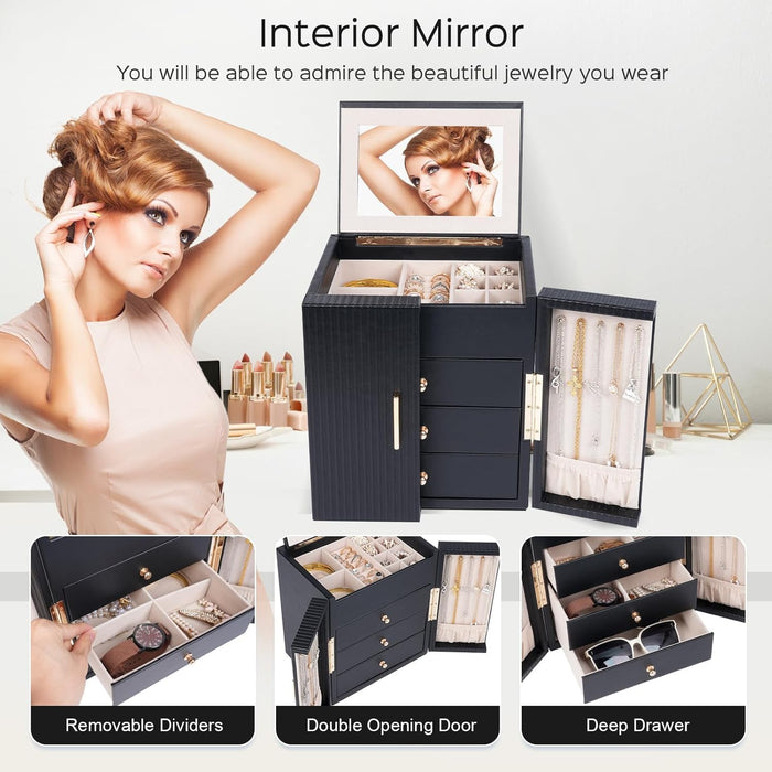 Large Jewelry Box for Women, Jewelry Organizer Box with 3 Drawers, Jewelry Storage Organizer with Mirror for Necklace Ri