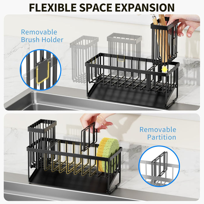 Sink Caddy Sponge Holder for Kitchen with Brush Holder and Stainless Steel Self Drain Tray, Rustproof Kitchen Sink Organ