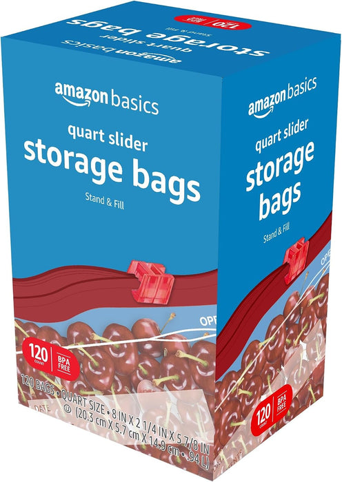 Slider Quart Food Storage Bags with Stand-Up Bottom, Easy to Fill, BPA Free, 120 Count (Previously Solimo)