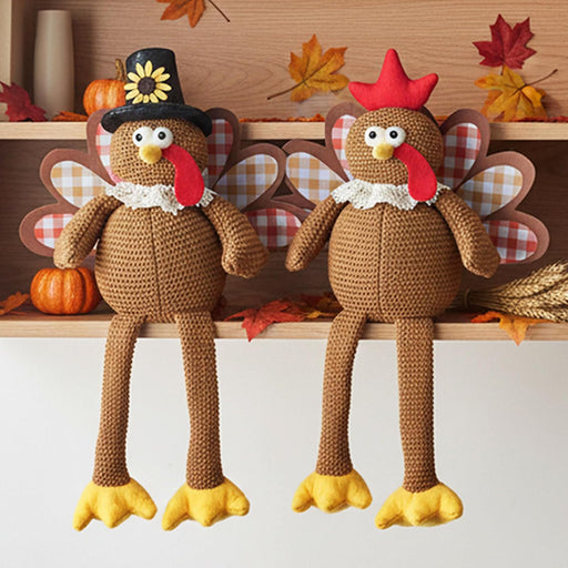 Thanksgiving Decorations Set of 2 Turkeys with Dangling Legs, Turkey Couple Doll Plush Kit Tabletop Centerpieces for Fal