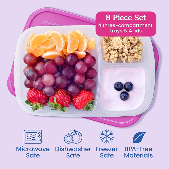Easyboxes - Original Stackable Lunch Boxes - Reusable 3-Compartment Food Containers for Kids and Adults - Bento Lunch Box for Meal Prep, School, & Work - BPA Free, Set of 4 (Brights)
