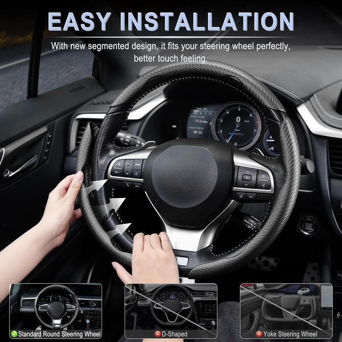 3pcs Carbon Fiber Anti-Skid Steering Wheel Cover, Waterproof & Segmented Butterfly Design, Universal 99% Vehicle Wheel C