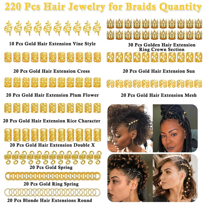 220 Pcs Gold Hair Jewelry for Braids, Loc Jewelry for Hair Dreadlock, Loc Charms for Women, Metal Gold Braid Rings Cuffs