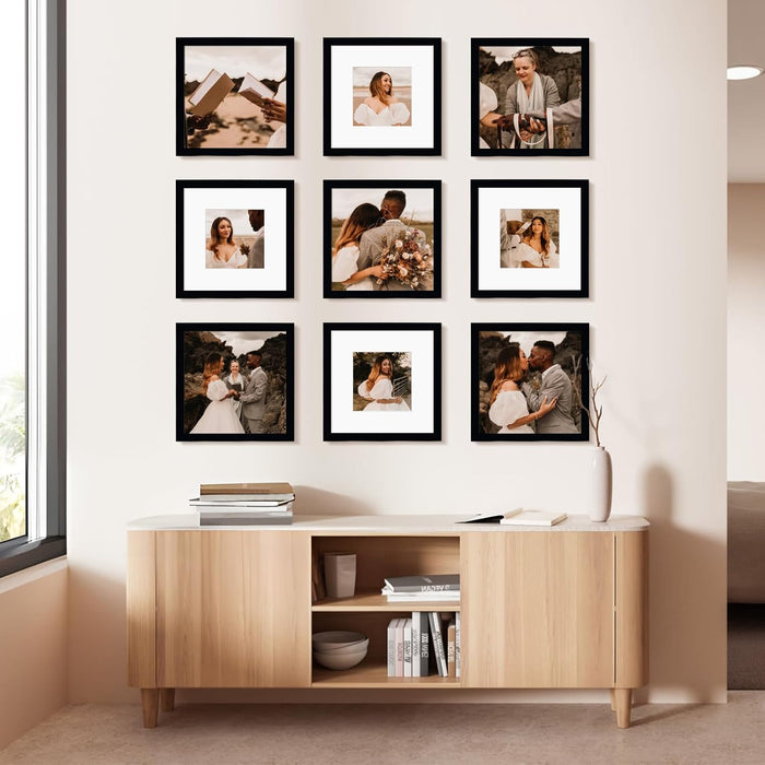 12x12 Picture Frame Set of 9, Display Pictures 8x8 with Mat or 12x12 without Mat, Multi Collage Gallery Square Photo Fra