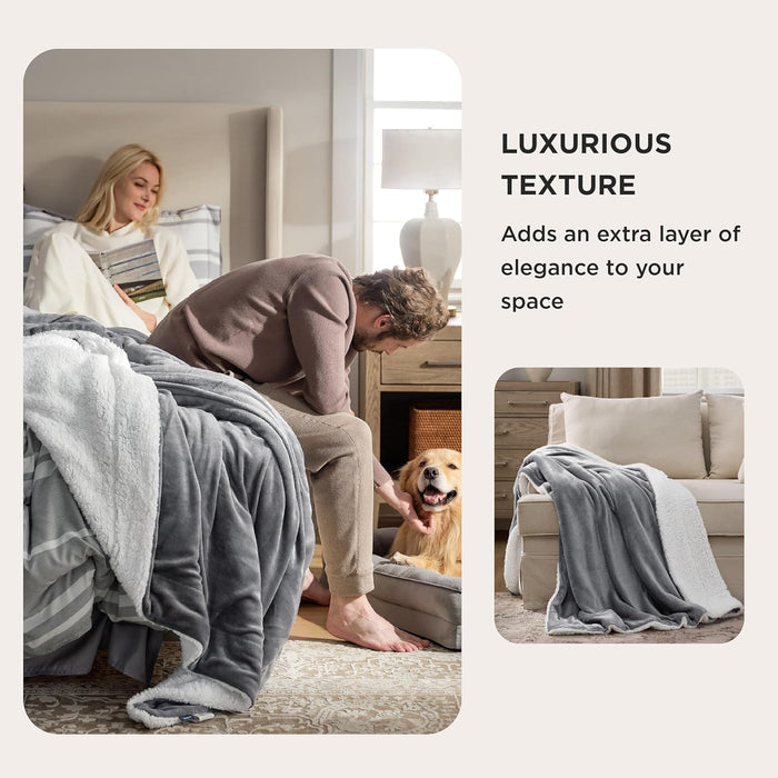 GentleSoft Sherpa Fleece Throw Blanket for Couch, Non-Heated, Thick & Warm Cozy Comfort Blanket for Winter Fall, Soft Fuzzy Plush Throw Gifts for Women and Men, Grey, 50x60 Inches