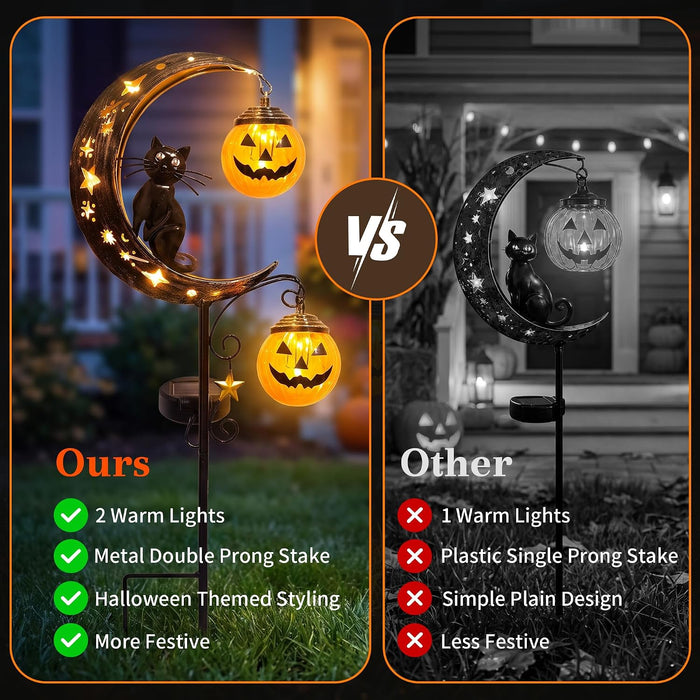 Solar Halloween Garden Stake Light Pumpkin Moon Waterproof Metal Black Cat