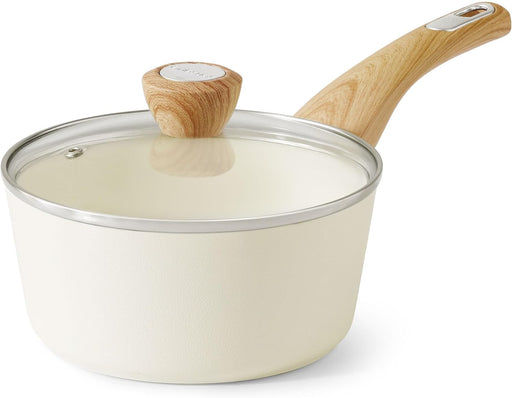 Ceramic Nonstick Sauce Pan with Lid, 1.5 Quart Small Saucepan, White Cooking Pot with Stay Cool Handle, Non toxic Kitchen Sauce Pot, Non stick Sauciers, Induction Pot, PFOA PTFE PFAS Free