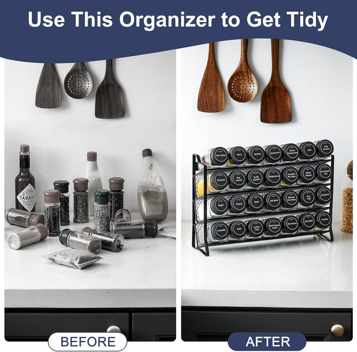 Spice Rack Organizer for Cabinet, Spice Organizer with 28 Empty Spice Jars with Black Lids, Funnel, Spice Labels, Season