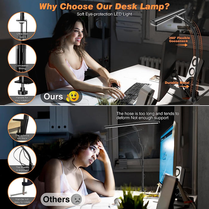 LED Desk Lamp with Clamp, 17" Stepless Dimming Light, Black